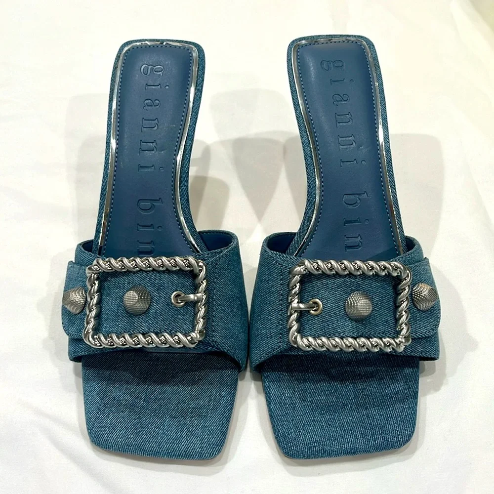 Gianni Bini Blue Denim Mules with Decorative Buckle (8) - Picture 2 of 5